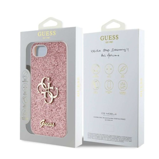Husa Guess PU Fixed Glitter 4G Metal Logo pentru iPhone 16e, Roz (Bakr, GUHCPSE4HG4SGP) by www.silkase.ro