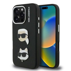 Husa Karl Lagerfeld Grained PU K&CH Heads pentru iPhone 16 Pro Max, Neagra