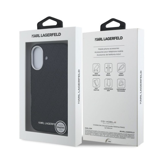 Husa Karl Lagerfeld Grained PU Repeated Logo MagSafe pentru iPhone 16, Neagra (Bakr, KLHMP16SPGKLFOFK) by www.silkase.ro