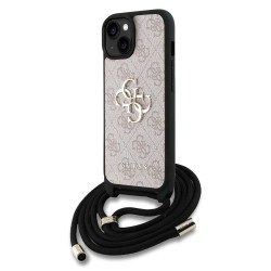 Husa Crossbody Guess PU 4G Metal Logo Strap pentru iPhone 15, Roz