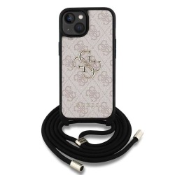 Husa Crossbody Guess PU 4G Metal Logo Strap pentru iPhone 15, Roz Husa Crossbody Guess PU 4G Metal Logo Strap pentru iPhone 15, Roz