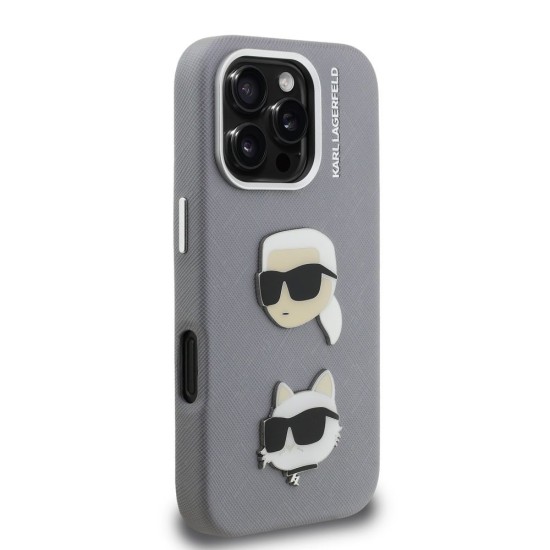 Husa Karl Lagerfeld Grained PU K&CH Heads pentru iPhone 16 Pro Max, Gri (Bakr, KLHCP16XPSFDHPG) by www.silkase.ro