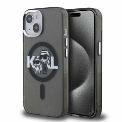 Husa Karl Lagerfeld IML Glitter Karl and Choupette Sketch MagSafe pentru iPhone 15, Neagra