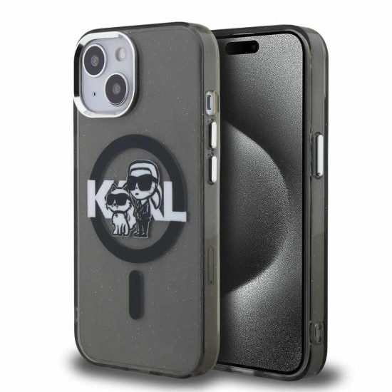 Husa Karl Lagerfeld IML Glitter Karl and Choupette Sketch MagSafe pentru iPhone 15, Neagra (Bakr, KLHMP15SHGKCGKBK) by www.silkase.ro
