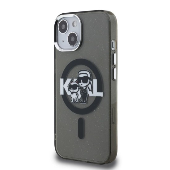 Husa Karl Lagerfeld IML Glitter Karl and Choupette Sketch MagSafe pentru iPhone 15, Neagra (Bakr, KLHMP15SHGKCGKBK) by www.silkase.ro