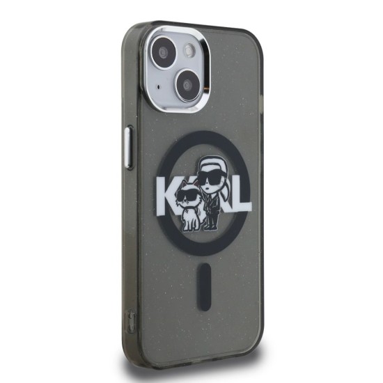 Husa Karl Lagerfeld IML Glitter Karl and Choupette Sketch MagSafe pentru iPhone 15, Neagra (Bakr, KLHMP15SHGKCGKBK) by www.silkase.ro