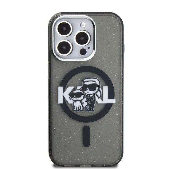 Husa Karl Lagerfeld IML Glitter Karl and Choupette Sketch MagSafe pentru iPhone 15 Pro, Neagra (Bakr, KLHMP15LHGKCGKBK) by www.silkase.ro