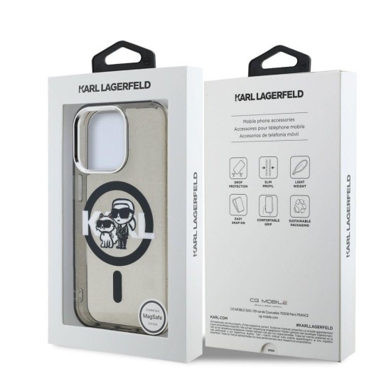 Husa Karl Lagerfeld IML Glitter Karl and Choupette Sketch MagSafe pentru iPhone 15 Pro, Neagra (Bakr, KLHMP15LHGKCGKBK) by www.silkase.ro