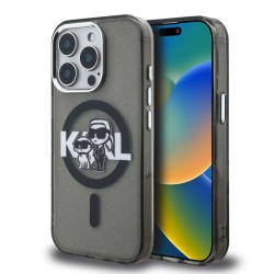 Husa Karl Lagerfeld IML Glitter Karl and Choupette Sketch MagSafe pentru iPhone 15 Pro Max, Neagra
