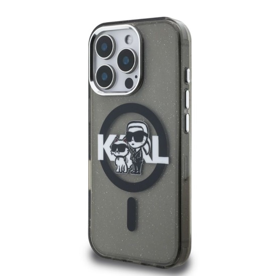 Husa Karl Lagerfeld IML Glitter Karl and Choupette Sketch MagSafe pentru iPhone 16 Pro, Neagra (Bakr, KLHMP16LHGKCGKBK) by www.silkase.ro