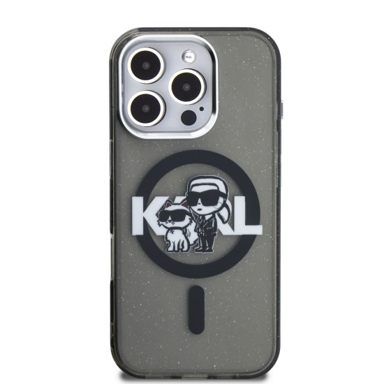 Husa Karl Lagerfeld IML Glitter Karl and Choupette Sketch MagSafe pentru iPhone 16 Pro, Neagra (Bakr, KLHMP16LHGKCGKBK) by www.silkase.ro