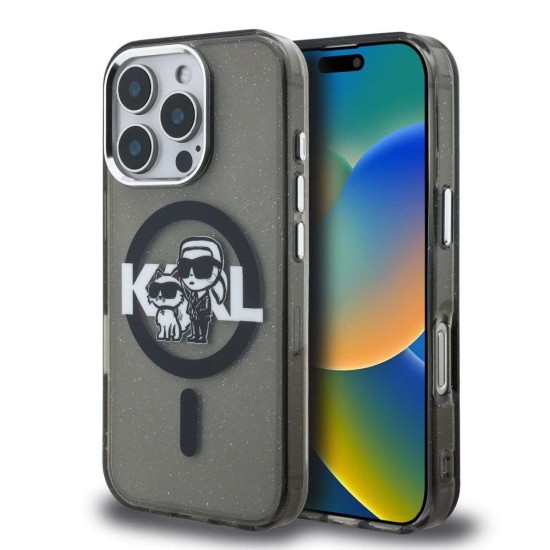 Husa Karl Lagerfeld IML Glitter Karl and Choupette Sketch MagSafe pentru iPhone 16 Pro Max, Neagra (Bakr, KLHMP16XHGKCGKBK) by www.silkase.ro