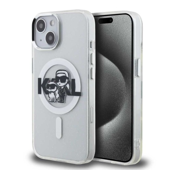 Husa Karl Lagerfeld IML Glitter Karl and Choupette Sketch MagSafe pentru iPhone 15, Transparenta (Bakr, KLHMP15SHGKCGKBT) by www.silkase.ro