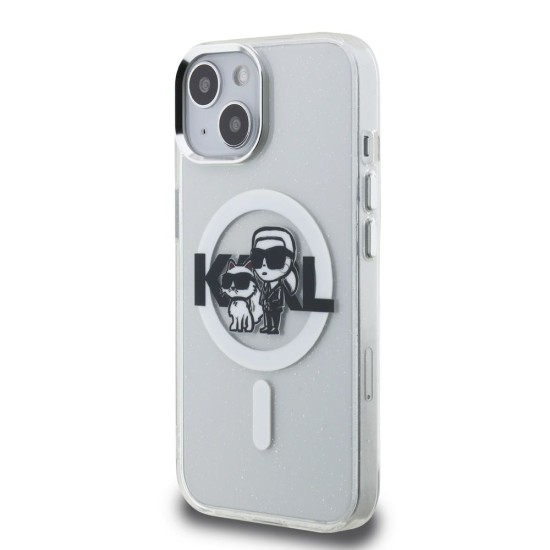 Husa Karl Lagerfeld IML Glitter Karl and Choupette Sketch MagSafe pentru iPhone 15, Transparenta (Bakr, KLHMP15SHGKCGKBT) by www.silkase.ro