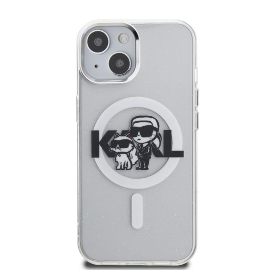 Husa Karl Lagerfeld IML Glitter Karl and Choupette Sketch MagSafe pentru iPhone 15, Transparenta (Bakr, KLHMP15SHGKCGKBT) by www.silkase.ro