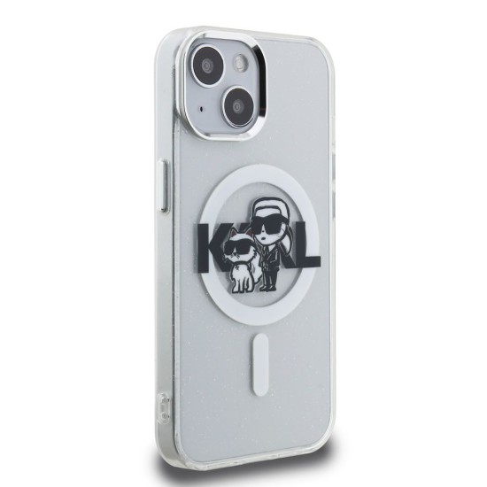 Husa Karl Lagerfeld IML Glitter Karl and Choupette Sketch MagSafe pentru iPhone 15, Transparenta (Bakr, KLHMP15SHGKCGKBT) by www.silkase.ro