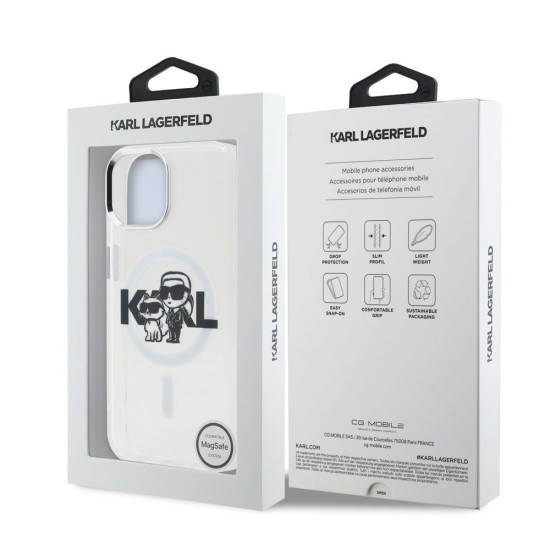 Husa Karl Lagerfeld IML Glitter Karl and Choupette Sketch MagSafe pentru iPhone 15, Transparenta (Bakr, KLHMP15SHGKCGKBT) by www.silkase.ro