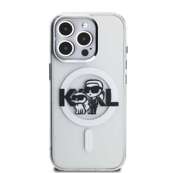 Husa Karl Lagerfeld IML Glitter Karl and Choupette Sketch MagSafe pentru iPhone 15 Pro, Transparenta (Bakr, KLHMP15LHGKCGKBT) by www.silkase.ro