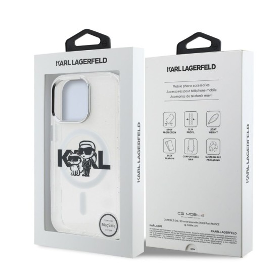 Husa Karl Lagerfeld IML Glitter Karl and Choupette Sketch MagSafe pentru iPhone 15 Pro, Transparenta (Bakr, KLHMP15LHGKCGKBT) by www.silkase.ro