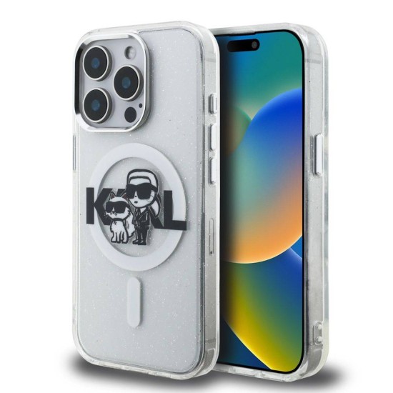 Husa Karl Lagerfeld IML Glitter Karl and Choupette Sketch MagSafe pentru iPhone 15 Pro Max, Transparenta (Bakr, KLHMP15XHGKCGKBT) by www.silkase.ro