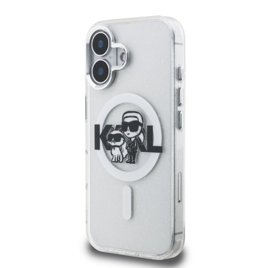 Husa Karl Lagerfeld IML Glitter Karl and Choupette Sketch MagSafe pentru iPhone 16, Transparenta (Bakr, KLHMP16SHGKCGKBT) by www.silkase.ro