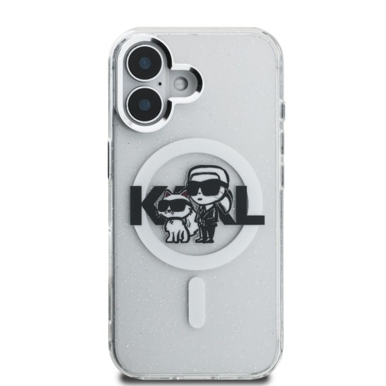 Husa Karl Lagerfeld IML Glitter Karl and Choupette Sketch MagSafe pentru iPhone 16, Transparenta (Bakr, KLHMP16SHGKCGKBT) by www.silkase.ro