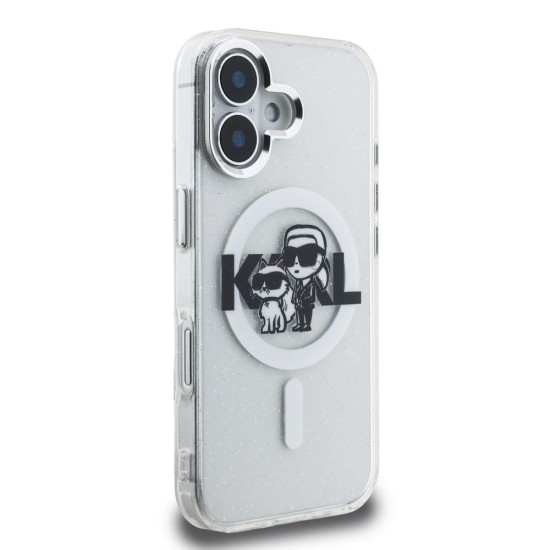 Husa Karl Lagerfeld IML Glitter Karl and Choupette Sketch MagSafe pentru iPhone 16, Transparenta (Bakr, KLHMP16SHGKCGKBT) by www.silkase.ro