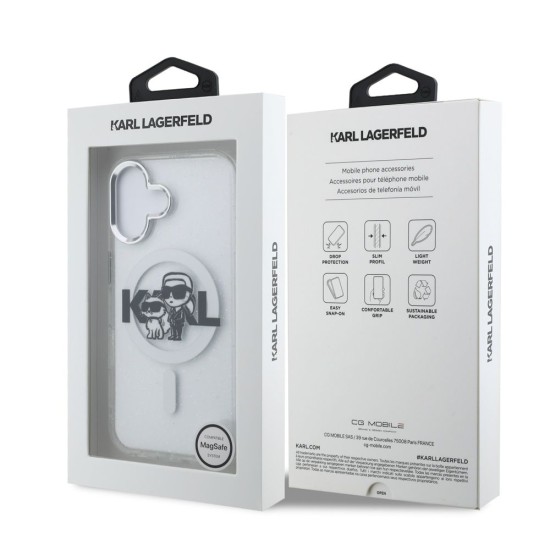 Husa Karl Lagerfeld IML Glitter Karl and Choupette Sketch MagSafe pentru iPhone 16, Transparenta (Bakr, KLHMP16SHGKCGKBT) by www.silkase.ro