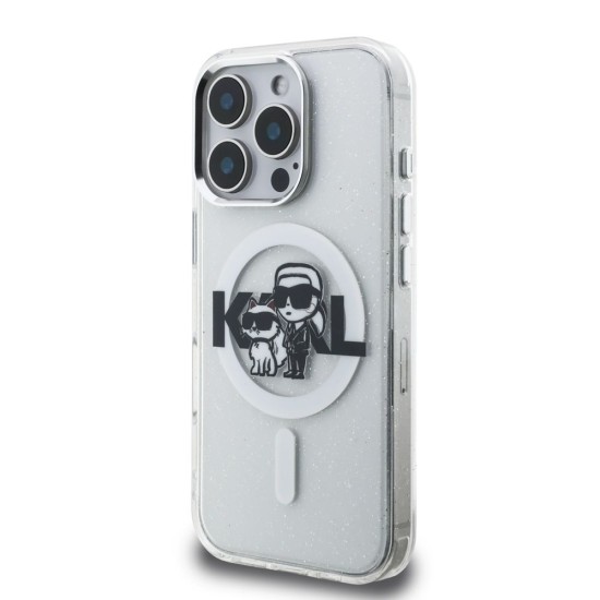 Husa Karl Lagerfeld IML Glitter Karl and Choupette Sketch MagSafe pentru iPhone 16 Pro, Transparenta (Bakr, KLHMP16LHGKCGKBT) by www.silkase.ro