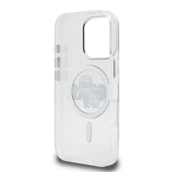 Husa Karl Lagerfeld IML Glitter Karl and Choupette Sketch MagSafe pentru iPhone 16 Pro, Transparenta (Bakr, KLHMP16LHGKCGKBT) by www.silkase.ro