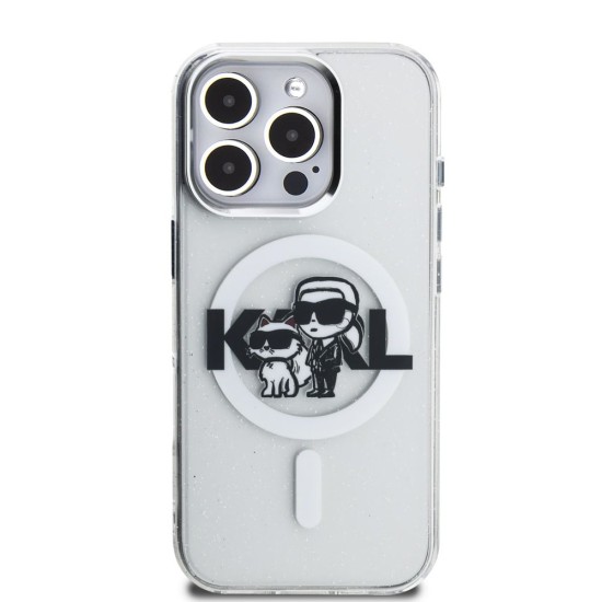 Husa Karl Lagerfeld IML Glitter Karl and Choupette Sketch MagSafe pentru iPhone 16 Pro Max, Transparenta (Bakr, KLHMP16XHGKCGKBT) by www.silkase.ro