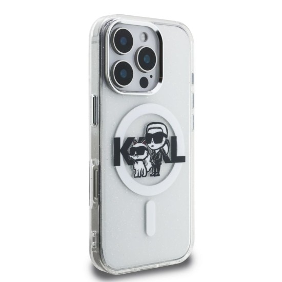 Husa Karl Lagerfeld IML Glitter Karl and Choupette Sketch MagSafe pentru iPhone 16 Pro Max, Transparenta (Bakr, KLHMP16XHGKCGKBT) by www.silkase.ro