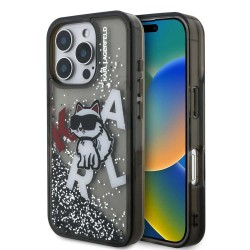 Husa Karl Lagerfeld Liquid Glitter Scattered Choupette pentru iPhone 16 Pro Max, Neagra