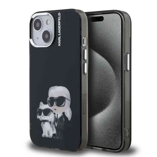 Husa Karl Lagerfeld IML Aquarelle Karl and Choupette pentru iPhone 15, Neagra (Bakr, KLHCP15SHMKCAQK) by www.silkase.ro