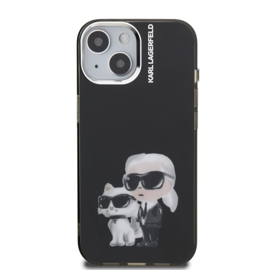 Husa Karl Lagerfeld IML Aquarelle Karl and Choupette pentru iPhone 15, Neagra (Bakr, KLHCP15SHMKCAQK) by www.silkase.ro