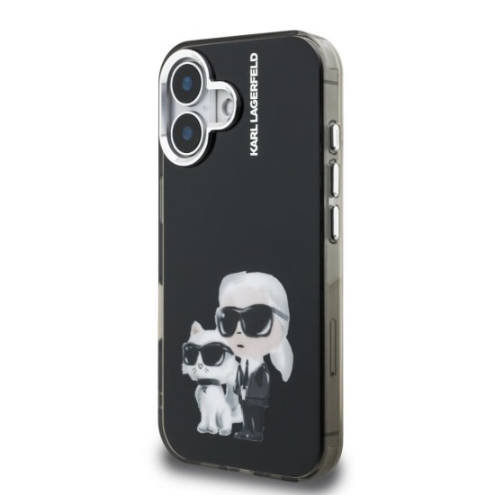 Husa Karl Lagerfeld IML Aquarelle Karl and Choupette pentru iPhone 16, Neagra (Bakr, KLHCP16SHMKCAQK) by www.silkase.ro