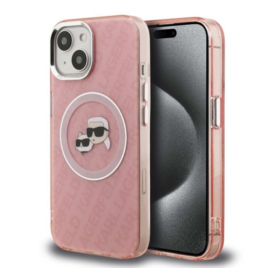 Husa Karl Lagerfeld IML K&CH Heads Repeated Logo MagSafe pentru iPhone 15, Roz (Bakr, KLHMP15SHMKBKCHP) by www.silkase.ro
