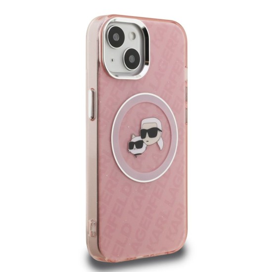 Husa Karl Lagerfeld IML K&CH Heads Repeated Logo MagSafe pentru iPhone 15, Roz (Bakr, KLHMP15SHMKBKCHP) by www.silkase.ro