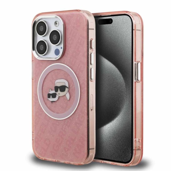 Husa Karl Lagerfeld IML K&CH Heads Repeated Logo MagSafe pentru iPhone 15 Pro, Roz (Bakr, KLHMP15LHMKBKCHP) by www.silkase.ro