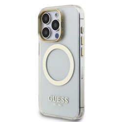 Husa Guess IML Gold Outline Stand MagSafe pentru iPhone 15 Pro, Transparenta