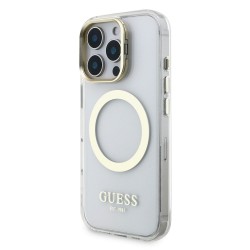 Husa Guess IML Gold Outline Stand MagSafe pentru iPhone 16 Pro Max, Transparenta