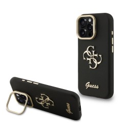 Husa Guess PU Grained 4G Logo Stand Camera Frame pentru iPhone 15 Pro, Neagra