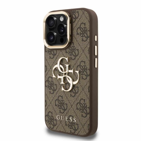 Husa Guess PU 4G Metal Logo Stand Camera Frame pentru iPhone 15 Pro Max, Maro (Bakr, GUHCP15XPCS4GP4W) by www.silkase.ro