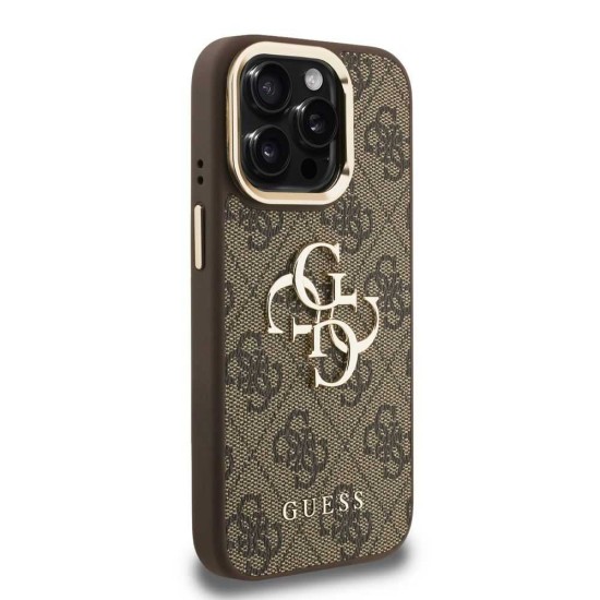 Husa Guess PU 4G Metal Logo Stand Camera Frame pentru iPhone 15 Pro Max, Maro (Bakr, GUHCP15XPCS4GP4W) by www.silkase.ro