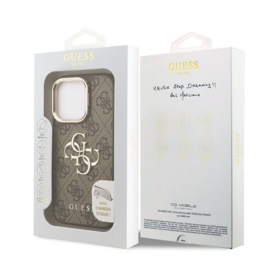 Husa Guess PU 4G Metal Logo Stand Camera Frame pentru iPhone 15 Pro Max, Maro (Bakr, GUHCP15XPCS4GP4W) by www.silkase.ro