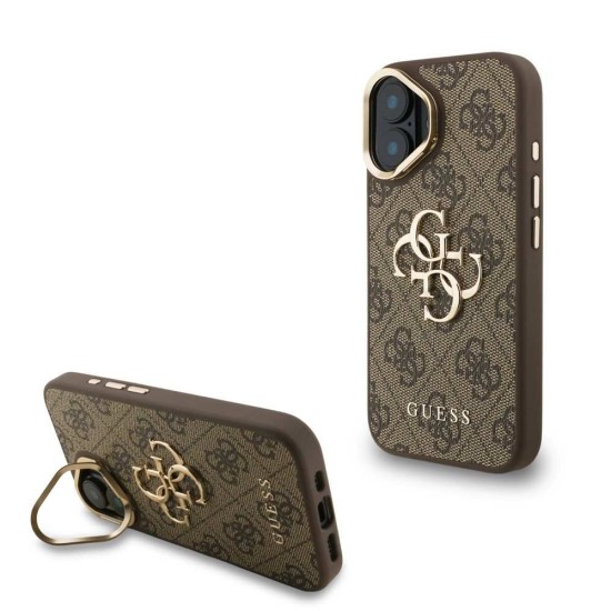 Husa Guess PU 4G Metal Logo Stand Camera Frame pentru iPhone 16, Maro (Bakr, GUHCP16SPCS4GP4W) by www.silkase.ro