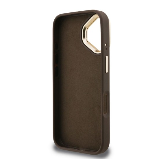 Husa Guess PU 4G Metal Logo Stand Camera Frame pentru iPhone 16, Maro (Bakr, GUHCP16SPCS4GP4W) by www.silkase.ro