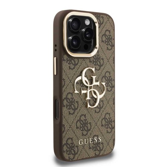 Husa Guess PU 4G Metal Logo Stand Camera Frame pentru iPhone 16 Pro, Maro (Bakr, GUHCP16LPCS4GP4W) by www.silkase.ro