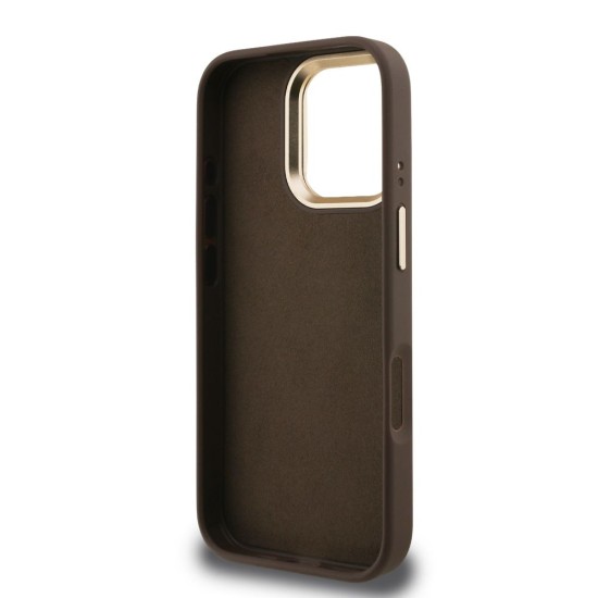 Husa Guess PU 4G Metal Logo Stand Camera Frame pentru iPhone 16 Pro, Maro (Bakr, GUHCP16LPCS4GP4W) by www.silkase.ro