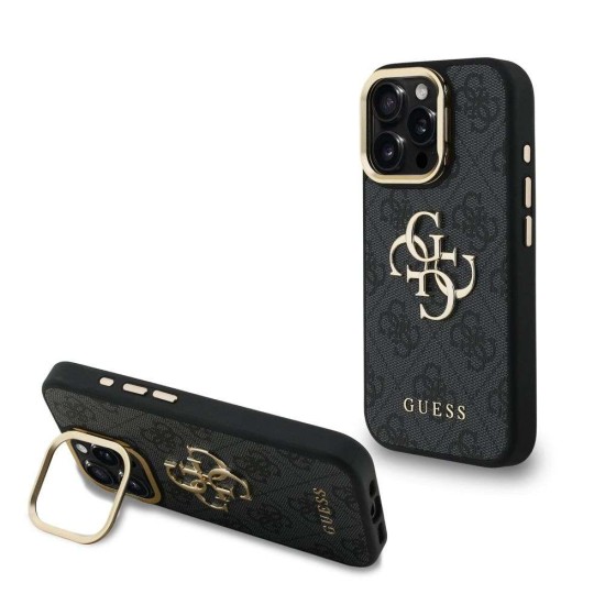 Husa Guess PU 4G Metal Logo Stand Camera Frame pentru iPhone 15 Pro, Neagra (Bakr, GUHCP15LPCS4GP4K) by www.silkase.ro